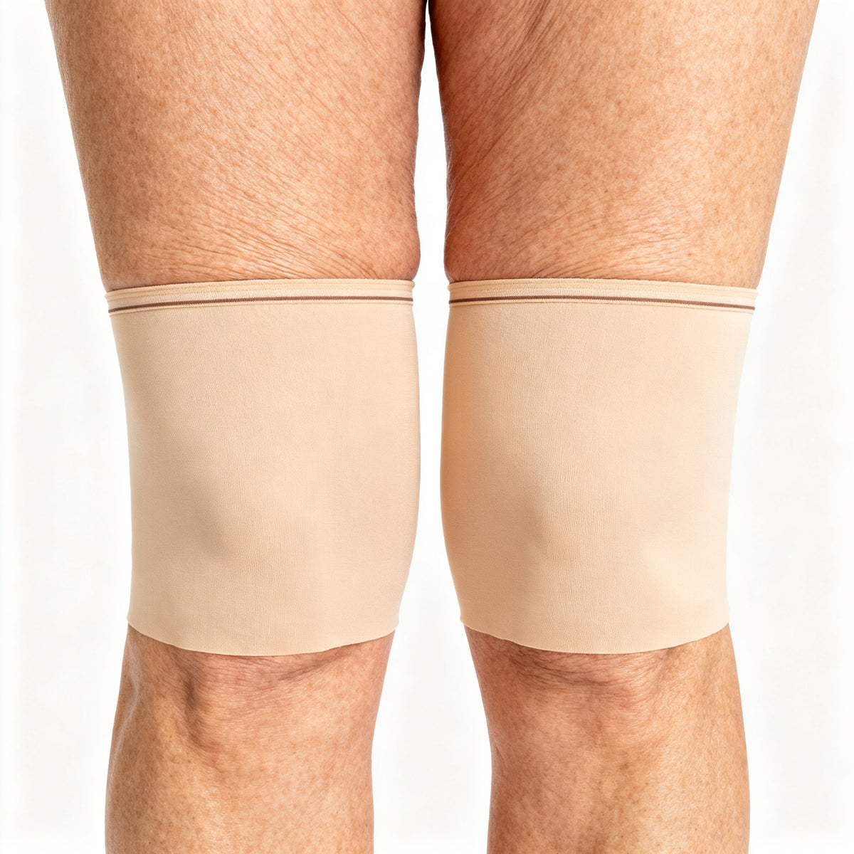 Beige lace anti-chafing thigh bands worn on thighs