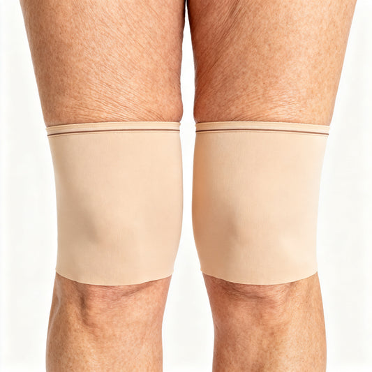 Beige lace anti-chafing thigh bands worn on thighs